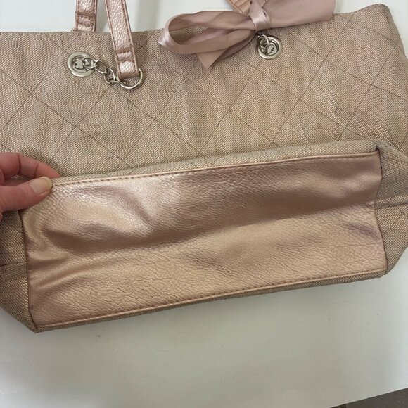 Quilted Rose Gold Linen Shoulder Bag Powder Pink Satin Bow - Picture 3 of 6